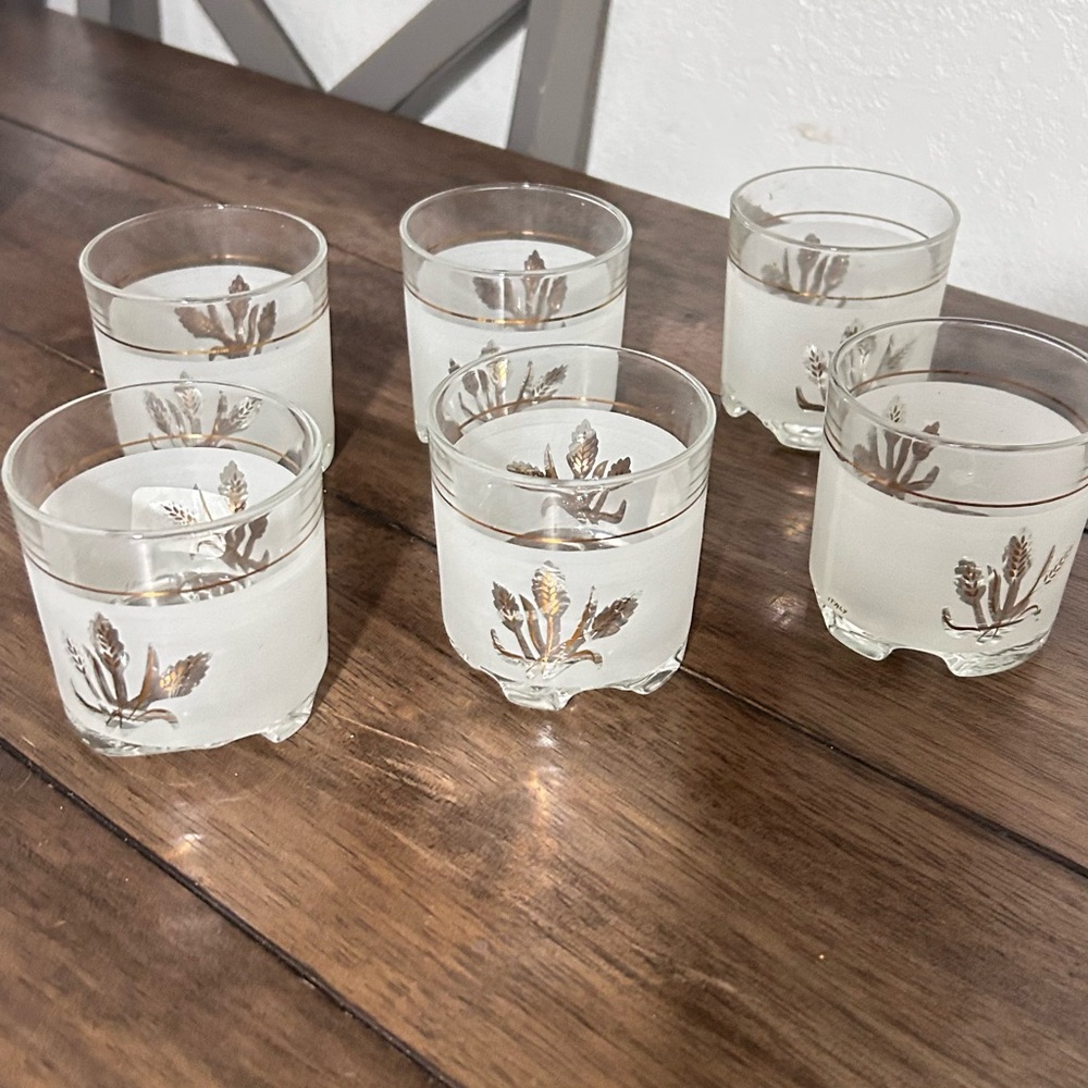 Set of 6 Vintage Frosted Glasses Gold Leaf Design Made in Italy | Mid Century